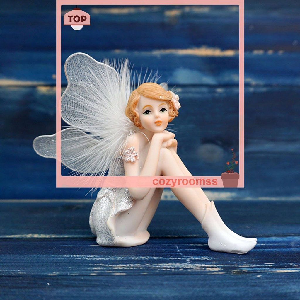 Tượng Thiên Thần Bằng Resin Với Lông Vũ Trắng Vẽ Tay Trang Trí