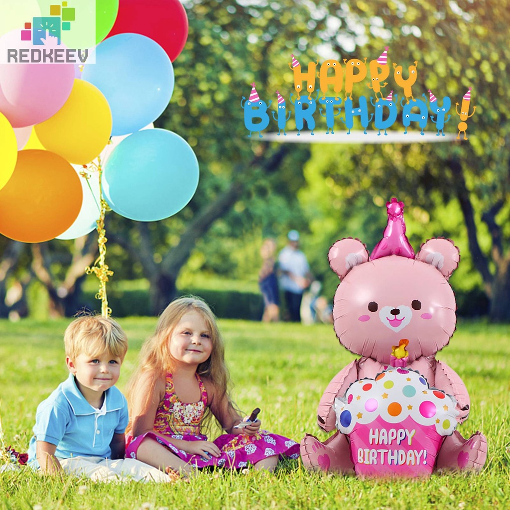 Bong Bóng Hình Gấu Và Bánh Kem 3 Tầng Nhiều Màu Trang Trí Sinh Nhật