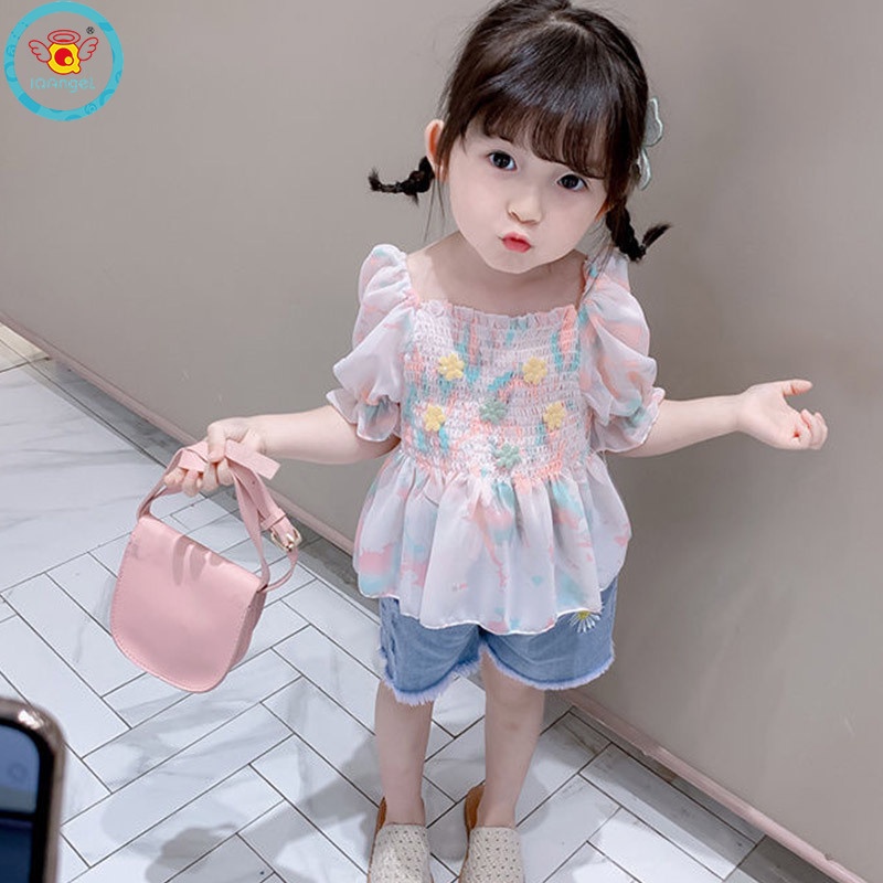 Áo Thun Ngắn Tay In Hoa Phong Cách Công Chúa Thời Trang Mùa Hè Hàn Quốc Cho Bé Gái