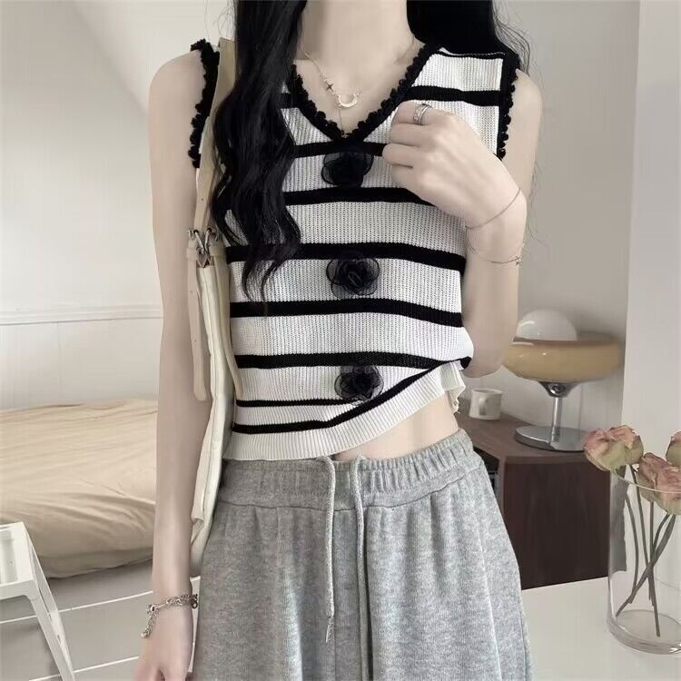 Áo Dệt Kim Sát Nách Cổ Chữ V Lưng Họa Tiết Kẻ Sọc Thời Trang Mùa Hè Cho Nữ