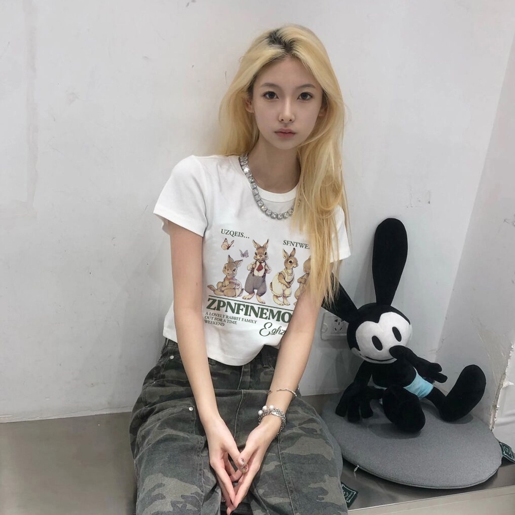 Áo Baby Tee Thun Croptop Nữ  Tay Ngắn In Hình Thỏ Màu Trắng Phong Cách Mới Cho Nữ