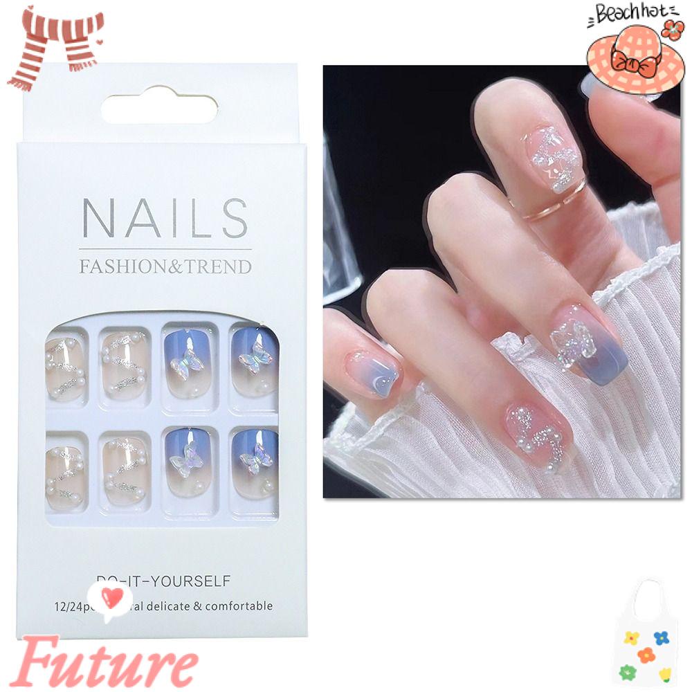 FUTURE Hộp 24 Móng Tay Giả Ngắn Đính Đá Hình Bướm Che Phủ Toàn Diện Có Thể Tháo Rời Cho Nữ