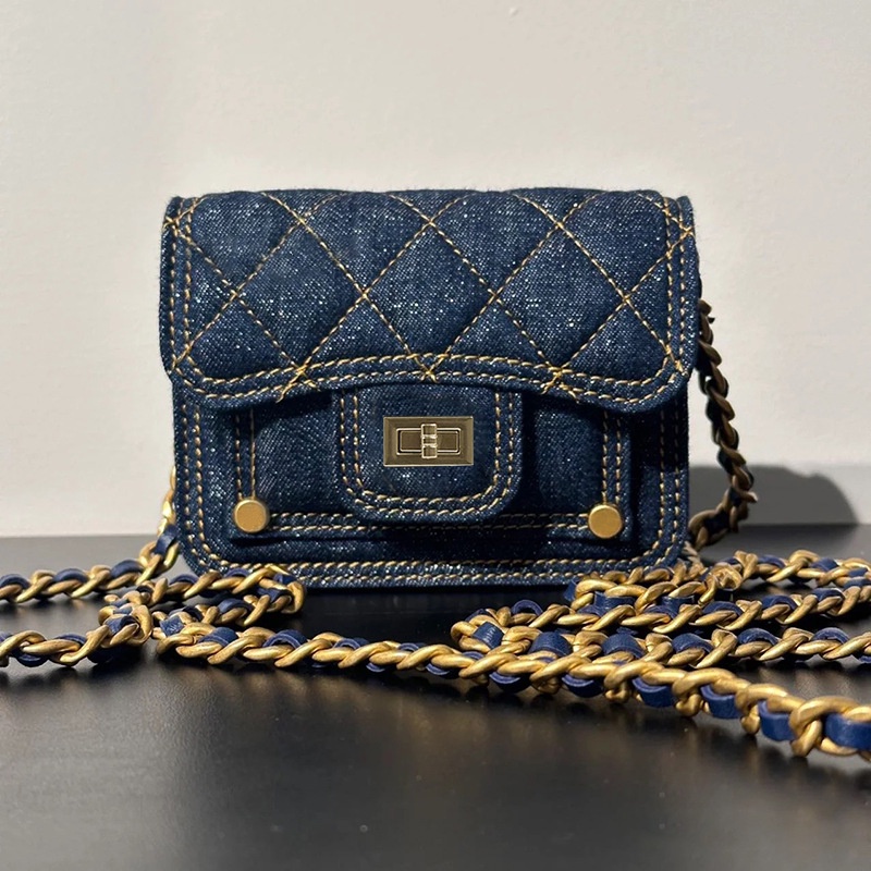 Túi Denim Đeo Chéo Mini Đựng Son Môi / Tai Nghe Phối Dây Xích Thời Trang