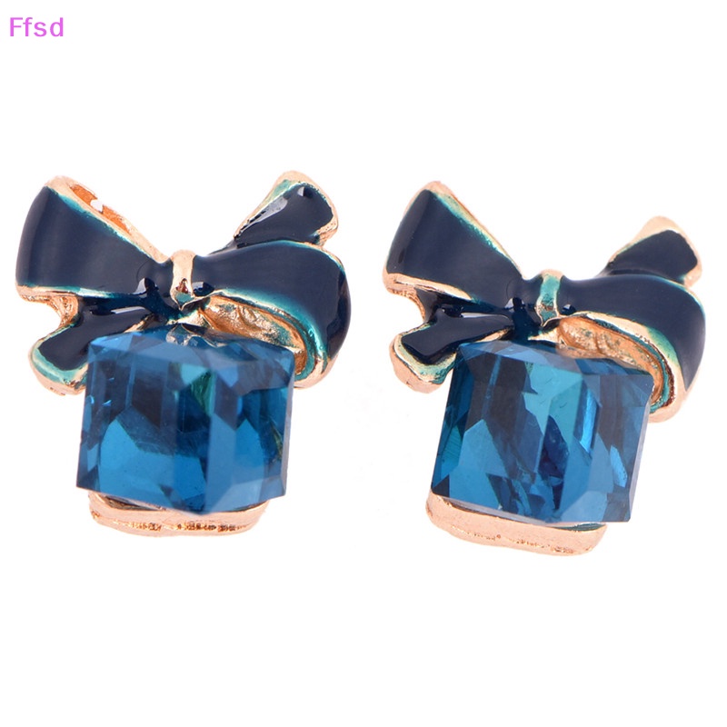 {Ffsd} Khuyên Tai Hình Nơ Tráng Men Đính Đá Pha Lê Xanh Dương Làm Quà Tặng Cho Nữ * Giảm Giá Hot