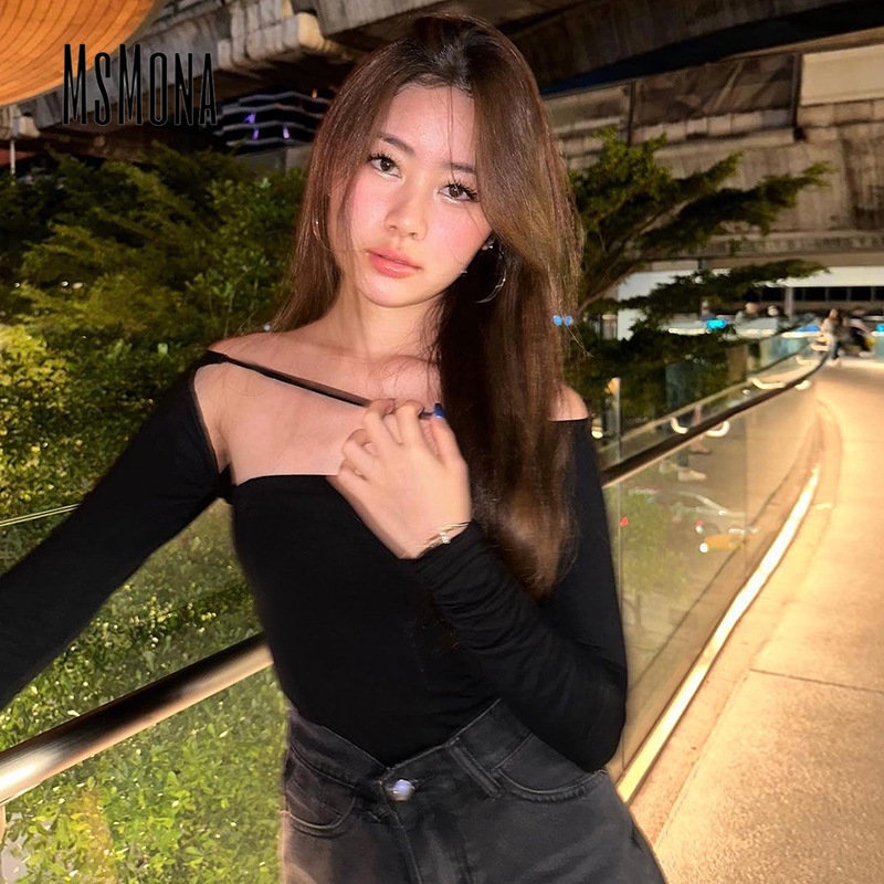 Áo Thun Tay Dài Hở Vai Dáng Ôm In Họa Tiết Hoa Màu Trơn Thời Trang 2023 Dành Cho Bạn Nữ