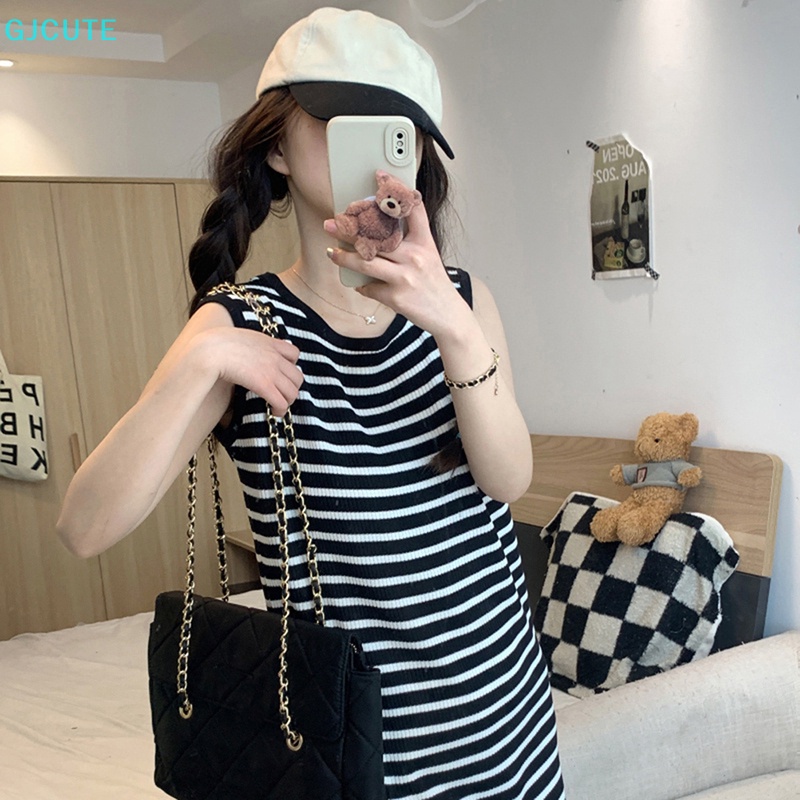 Mfc Đầm Midi Không Tay Dáng Suông Họa Tiết Kẻ Sọc Phối Tua Rua Phong Cách Hàn Quốc Cổ Điển Thời Trang Mùa Hè Cho Nữ