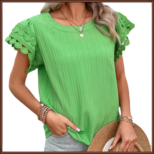 Áo Thun Tay Ngắn Cổ Tròn Phối Ren Thoáng Khí Màu Sắc Đơn Giản Thời Trang Mùa Hè Cho Nữ