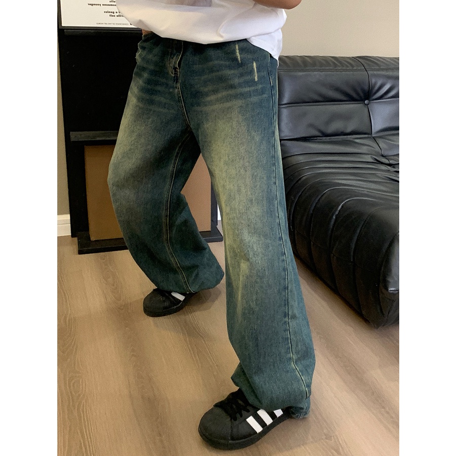 Hàng Mới Về Mới Quần Jean Ống Rộng Màu Xanh Dương Đậm Phong Cách Retro Đường Phố Mỹ Cho Nam Và Nữ