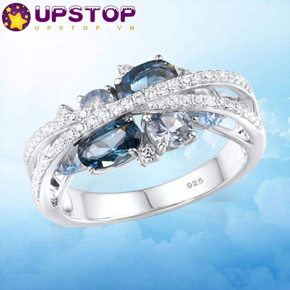 UPSTOPVN Nhẫn Đính Hôn Bạc Đính Đá Zircon Màu Hồng / Xanh Dương Lấp Lánh Cho Nữ