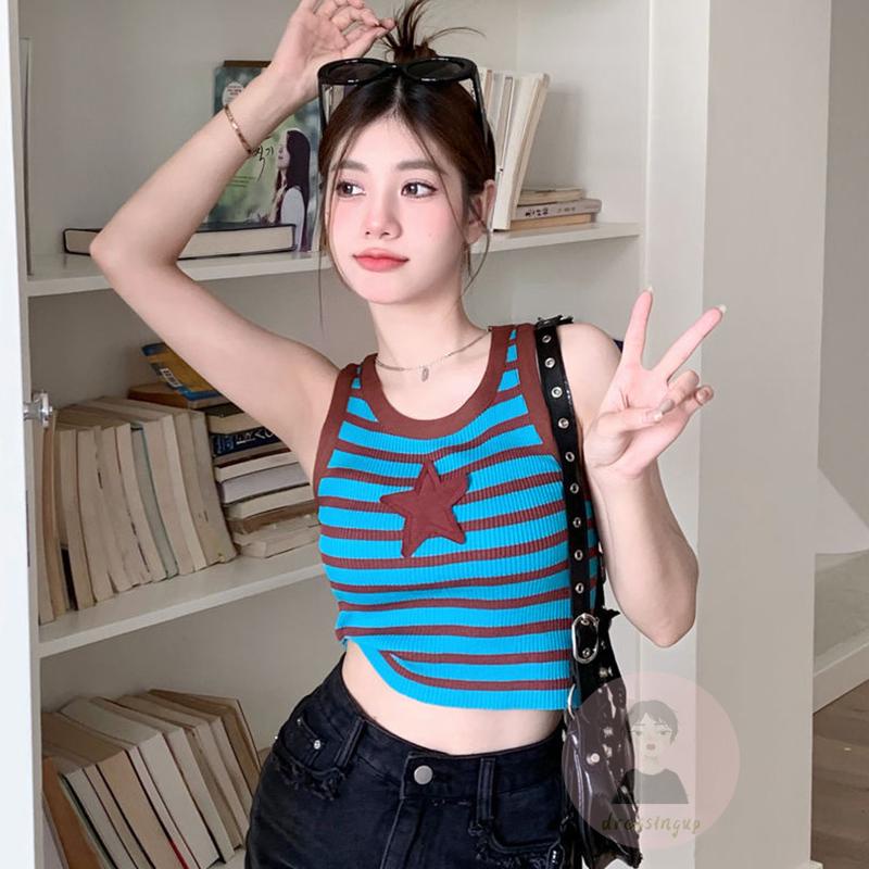 Áo Tank Top Sát Nách Cổ Tròn Hoạ Tiết Kẻ Sọc Cho Phái Nữ