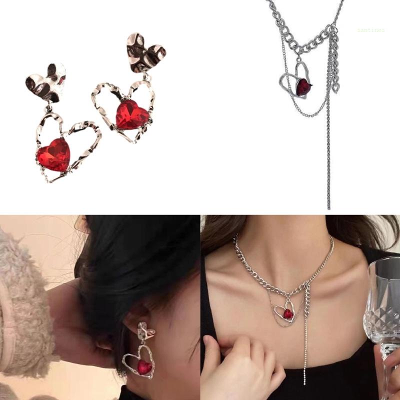Bộ Vòng cổ + Bông Tai Đính Đá Zircon Hình Trái Tim Y2K Thời Trang Cho Nữ