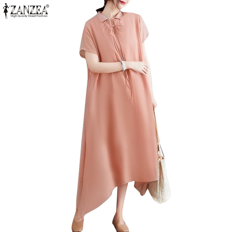 Zanzea Đầm Nữ Ngắn Tay Cổ Bẻ Thời Trang Hàn