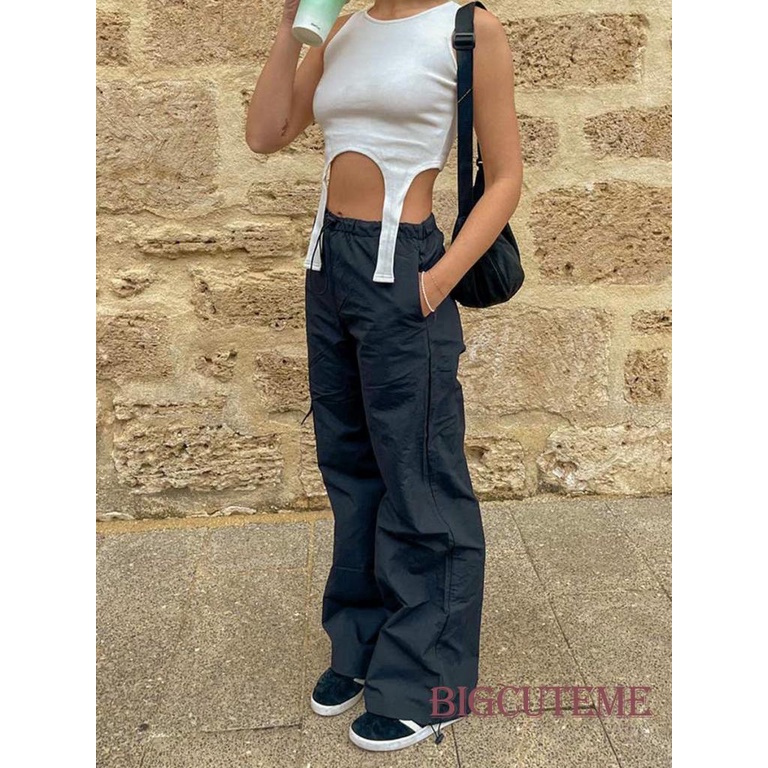 Quần Baggy Lưng Vừa Màu Trơn Có Túi Thời Trang Đường Phố Cho Nữ