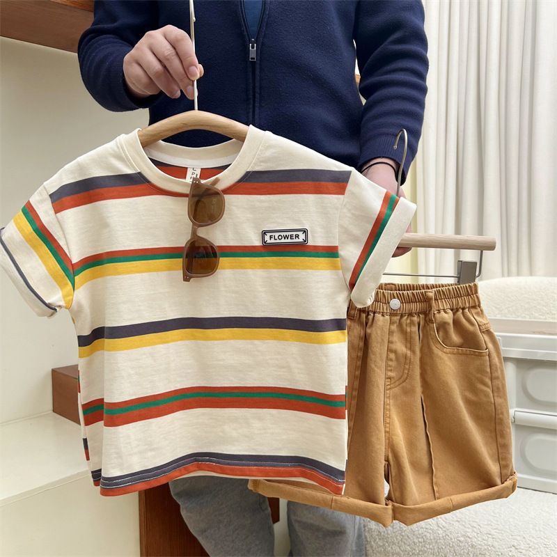 Áo Thun Tay Ngắn Dáng Rộng Họa Tiết Kẻ Sọc Phong Cách Hàn Quốc Dễ Thương Thời Trang Mùa Hè Cho Bé Trai Và Gái