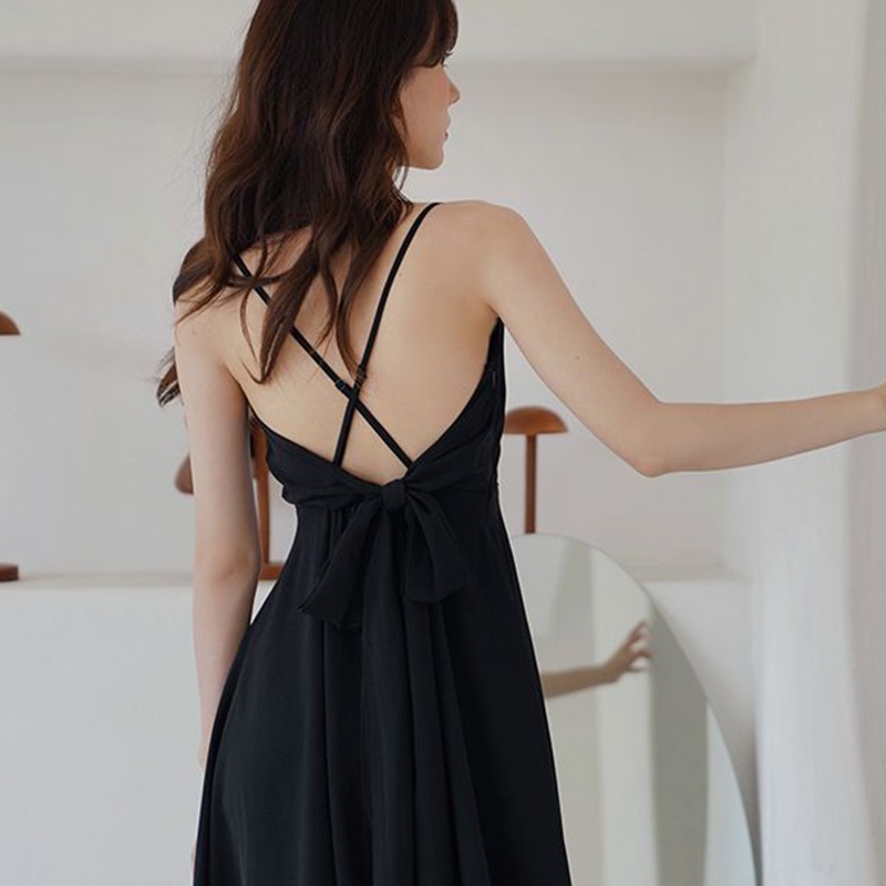 Đầm Đen Cổ Chữ v Hở Lưng Phong Cách retro Thời Trang Cho Nữ