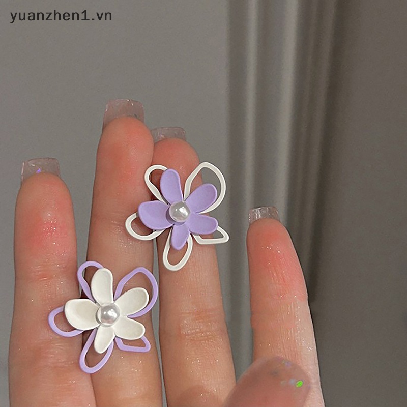 Khuyên Tai Hình Hoa Tím Đính Ngọc Trai Nhân Tạo Thời Trang