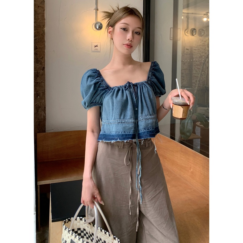 Áo Denim Tay Ngắn Cổ Vuông Dáng Rộng Trẻ Trung Hợp Thời Trang