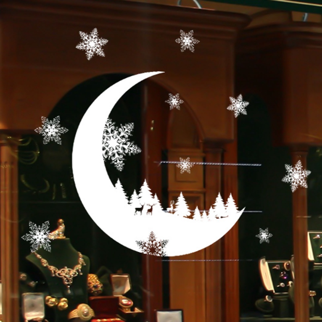 (Bất Ngờ) Hình Dán Tường Chủ Đề Giáng Sinh Lãng Mạn Không Thấm Nước Bông Tuyết Mặt Trăng Trang Trí Nhà Cửa