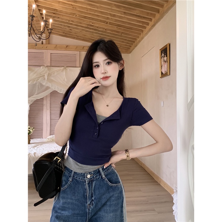 Áo Thun Ngắn Tay Giả Hai Lớp Phong Cách Retro Nữ Tính
