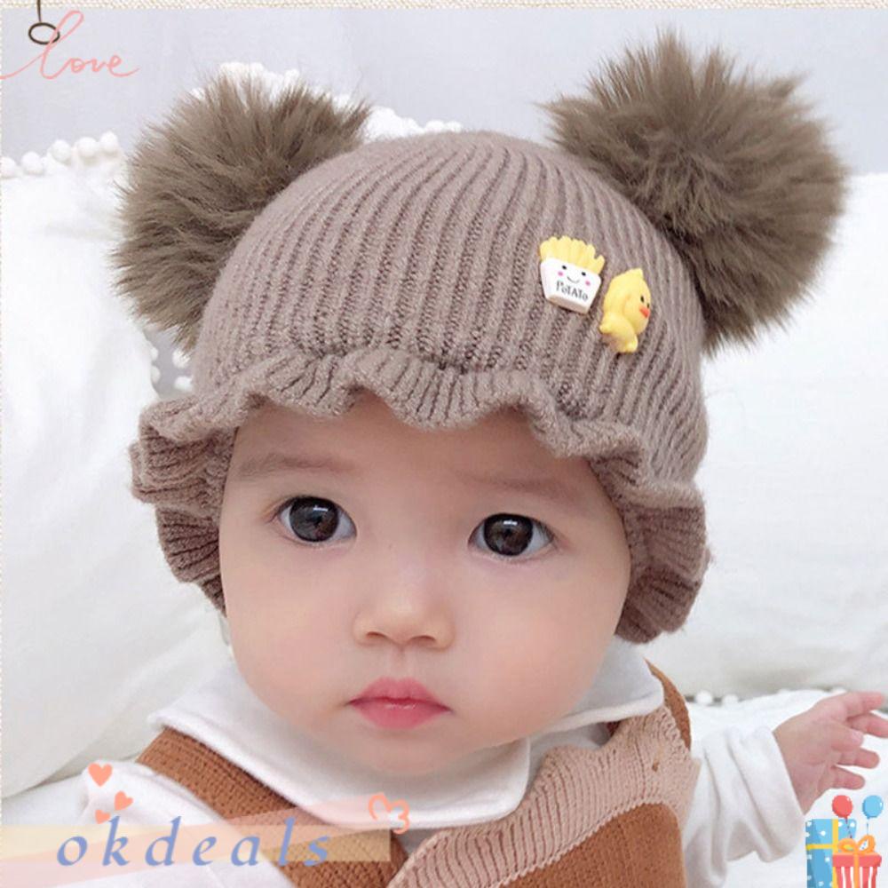 OKDEALS Mũ beanie Trùm Tai Giữ Ấm Đính Quả Bông Dày Dặn Thời Trang Mùa Đông Cho Bé Sơ Sinh