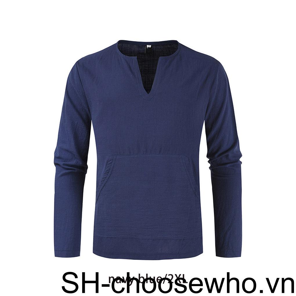 Áo Thun Cotton Lanh Tay Dài Cổ Chữ V Thoáng Khí Thời Trang Cho Nam