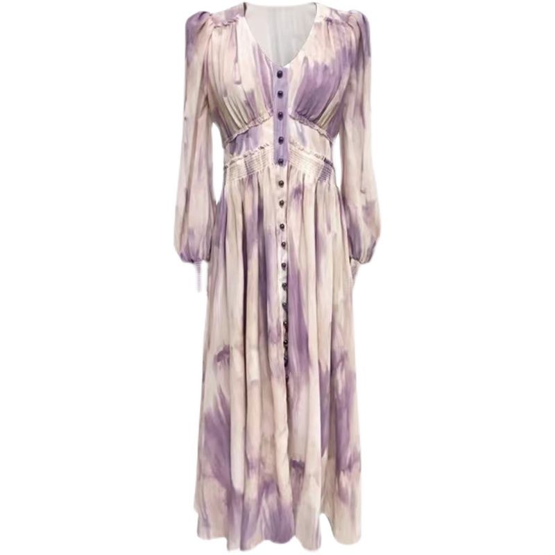 Đầm Chiffon Dài Tay Màu Nhuộm Ôm Eo Thời Trang Mùa Xuân Pháp Cho Nữ