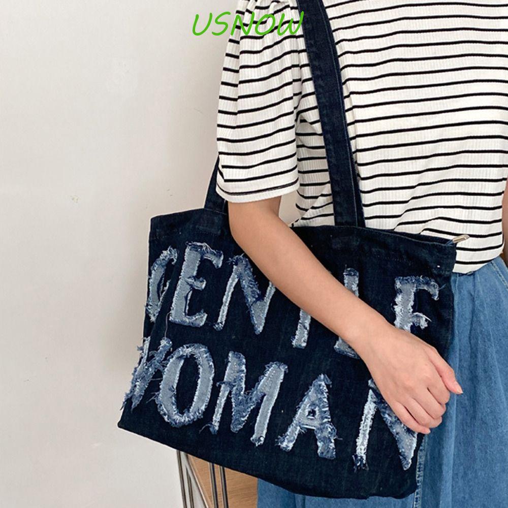 USNOW Túi Xách Đeo Vai Vải Jean In Chữ Thời Trang Cho Nữ