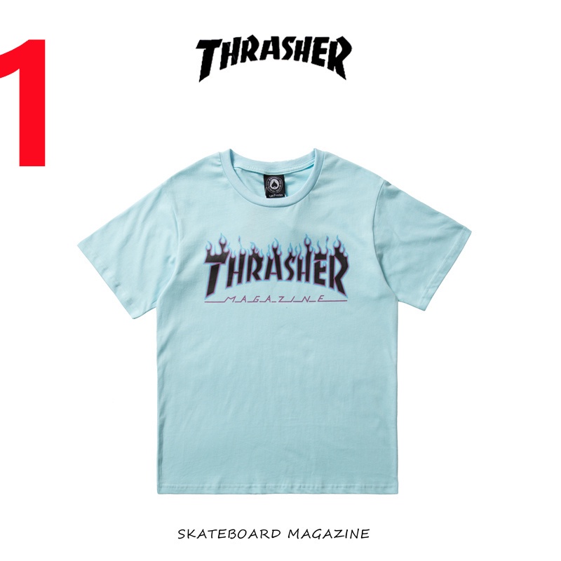 Áo Thun Cotton Tay Ngắn In Hình Ngọn Lửa Xanh Dương Thời Trang Đường Phố Cho Nam Và Nữ Thrasher Sr543Hr