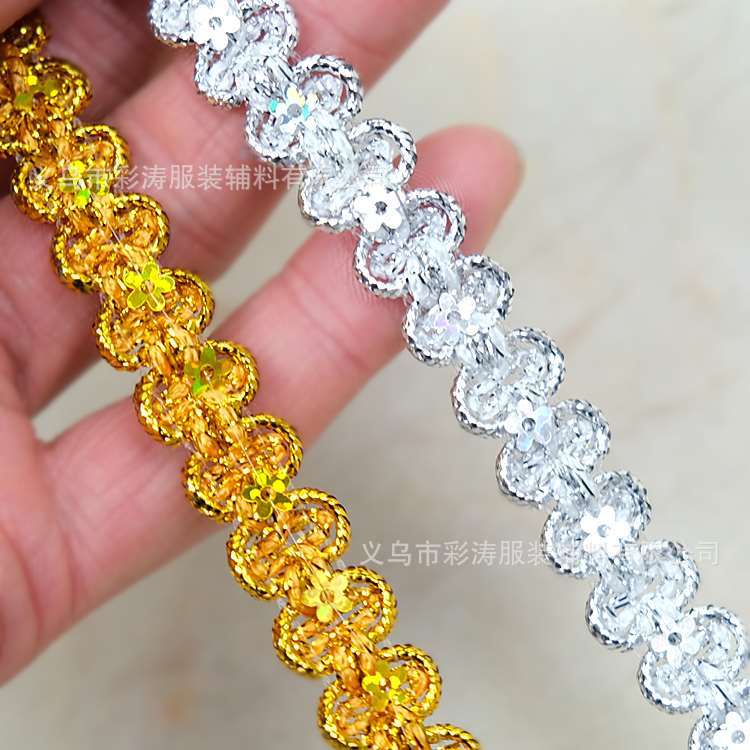 Dải Dây Ren Xoắn Đính Kim Sa 1.2cm Trang Trí Viền Quần Áo