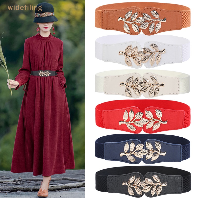 Thắt Lưng Da Bản Rộng Co Giãn Họa Tiết Lá Kim Loại Cổ Điển Thời Trang Cho Nữ
