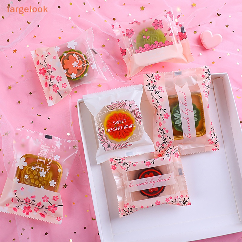 Set 100 / 200 Túi Đựng Bánh Quy / Kem Nền DIY Hình Hoa Anh Đào