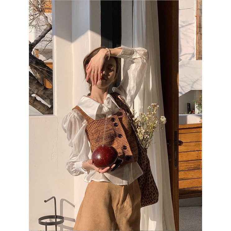 [Hàng Có Sẵn] Set Áo Kiểu Tay Phồng + Áo Len Không Tay Phong Cách Pháp Ngọt Ngào Thời Trang Mùa Xuân