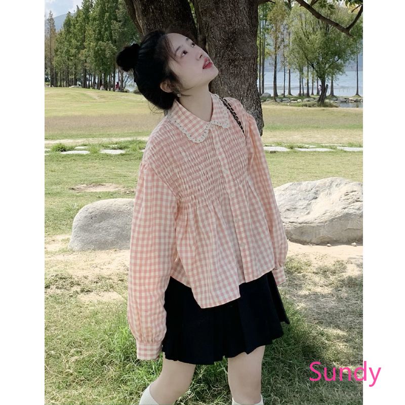 Áo Sơ Mi Tay Dài Cổ Búp Bê Họa Tiết Sọc Caro Phong Cách Vintage Thời Trang Mùa Hè Cho Nữ