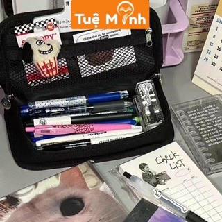 Hộp đựng bút cỡ to kẻ caro ô to đen trắng TB03, túi canvas vải bố ngăn to đựng nhiều đồ tiện lợi