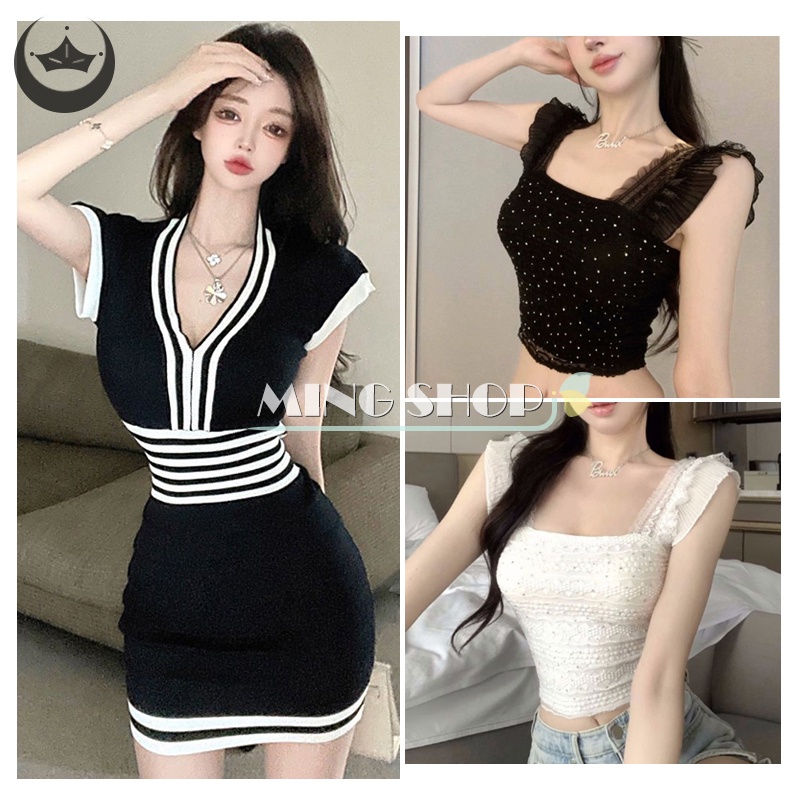 Đầm Dệt Kim Mini Cổ Chữ V Dáng Ôm Họa Tiết Kẻ Sọc Thời Trang Mùa Hè Cho Nữ