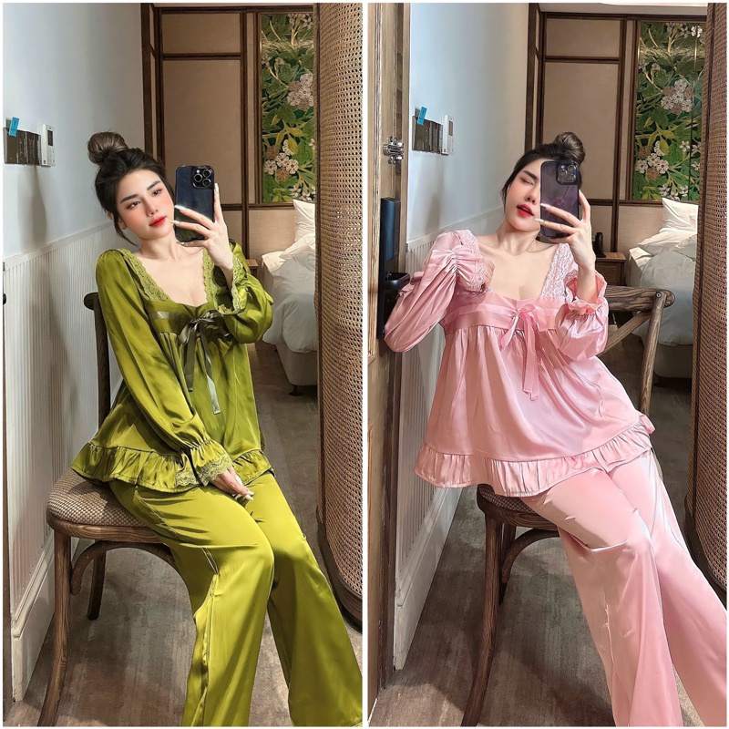 Đồ Ngủ, Pijama Tiểu Thư Tay Dài Cổ U Thiết Kế Phối Nơ Xinh Xắn Chất Lụa Mịn Mượt - Đồ Bộ Nữ Freesize Nami2