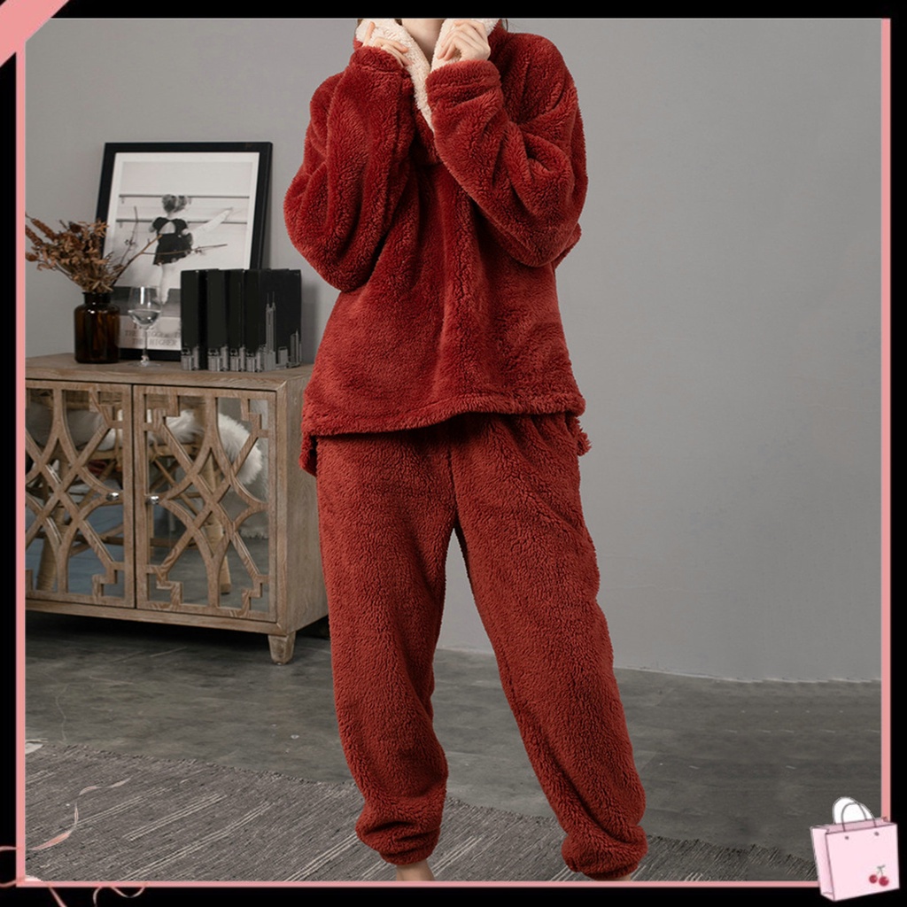 Bộ Đồ Ngủ 2 Món Tay Dài Dáng Rộng Màu Trơn Eo Co Giãn Chống Lạnh Thời Trang Mùa Đông