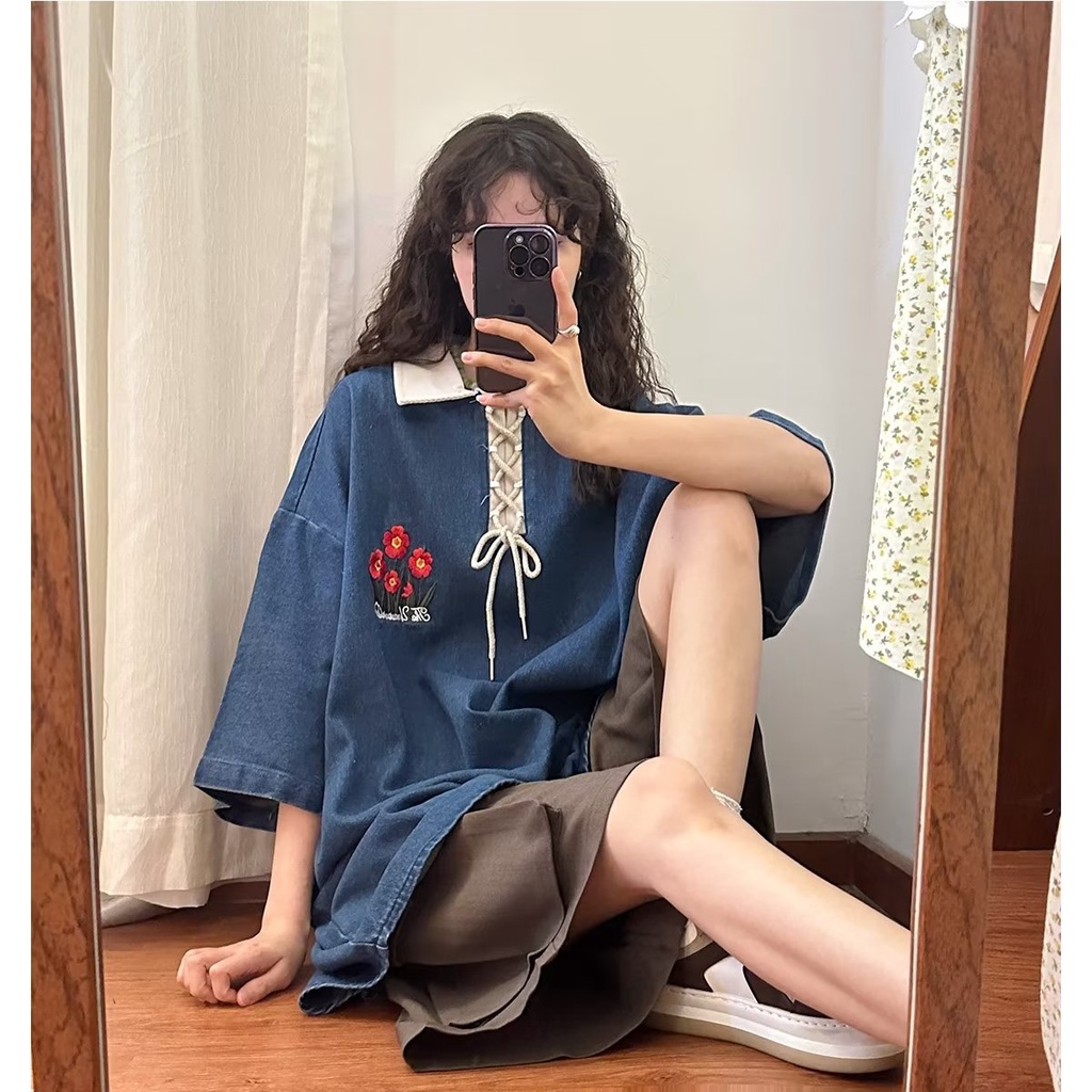 Áo Thun Polo Denim Ngắn Tay Thêu Hoa Thời Trang Dành Cho Nữ
