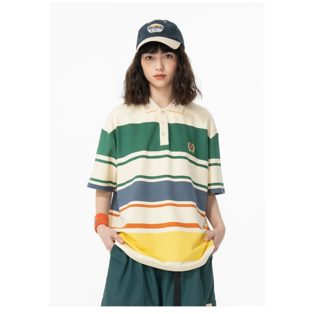 Áo Thun polo Ngắn Tay Form Rộng Họa Tiết Kẻ Sọc Cầu Vồng Thời Trang Mùa Hè