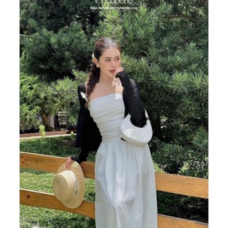 Set 3 món: áo ống quây gân + chân váy midi trắng + áo khoác đen angi home