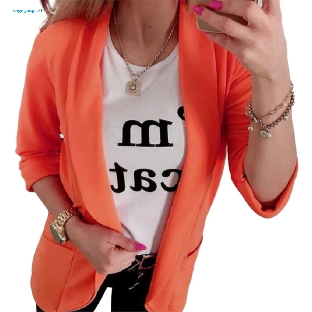 Angeyong Áo Khoác Suit Màu Trơn Dài Trung Bình Có Túi Thời Trang Xuân Thu Cho Nữ