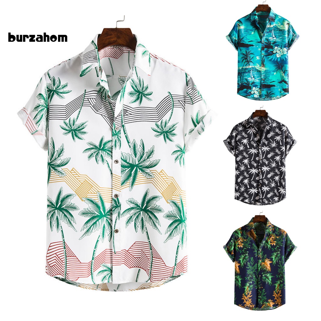 Áo Sơ Mi Tay Ngắn Cổ Bẻ In Họa Tiết Cây Dừa Phong Cách Hawaii Thời Trang Mùa Hè Cho Nam