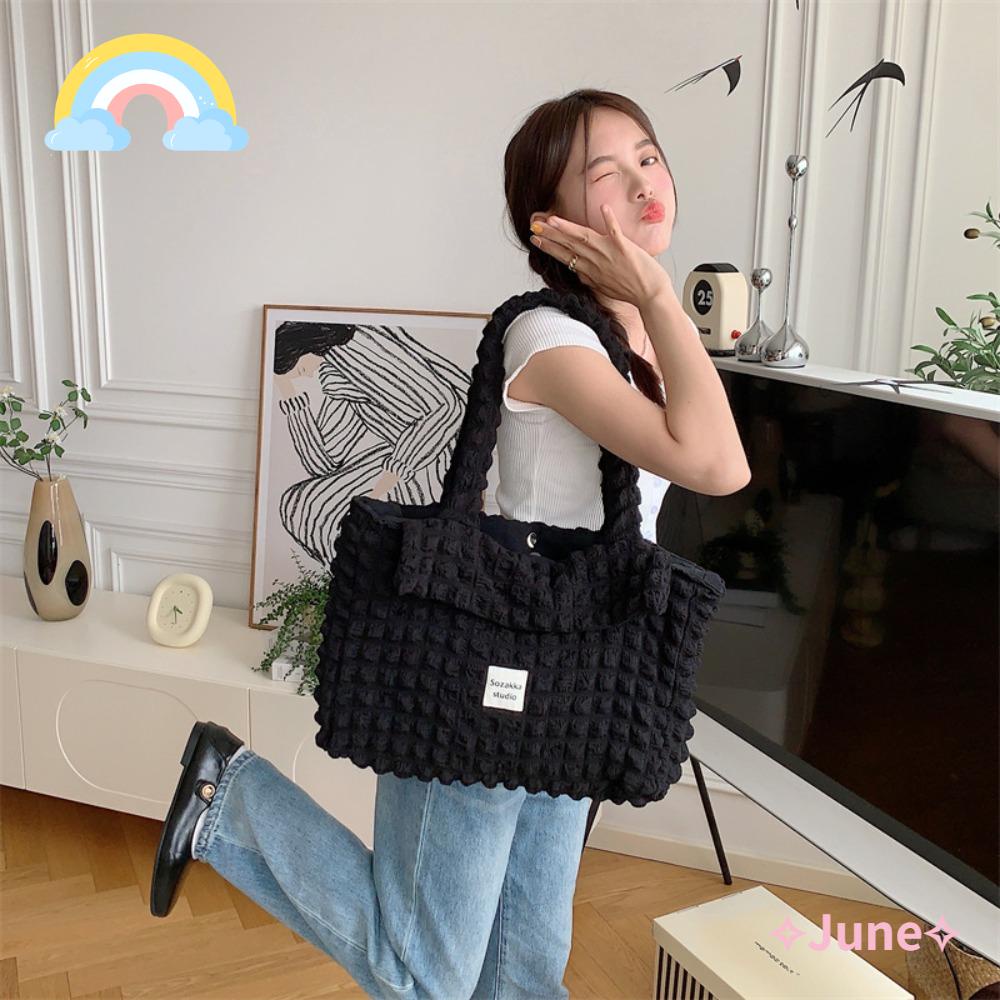 JUNE Túi Tote Đeo Vai Vải Mềm Xếp Ly Thiết Kế Dễ Thương Cho Nữ