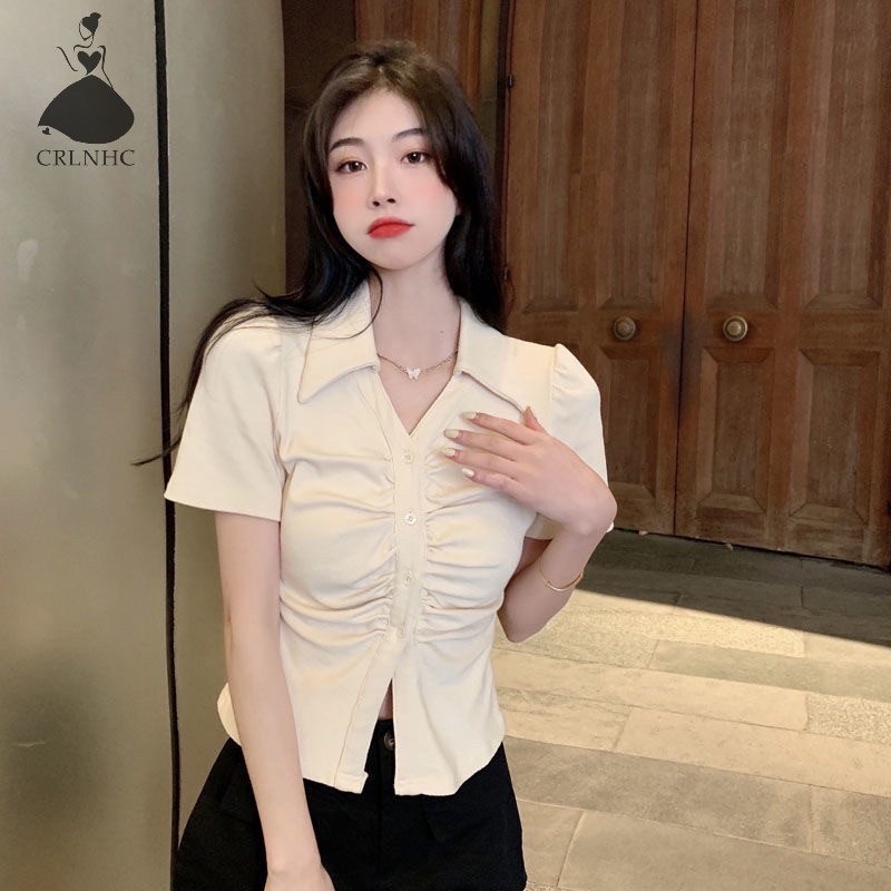 Áo Sơ Mi Tay Ngắn Dáng Ôm Màu Trơn Thời Trang Cho Nữ