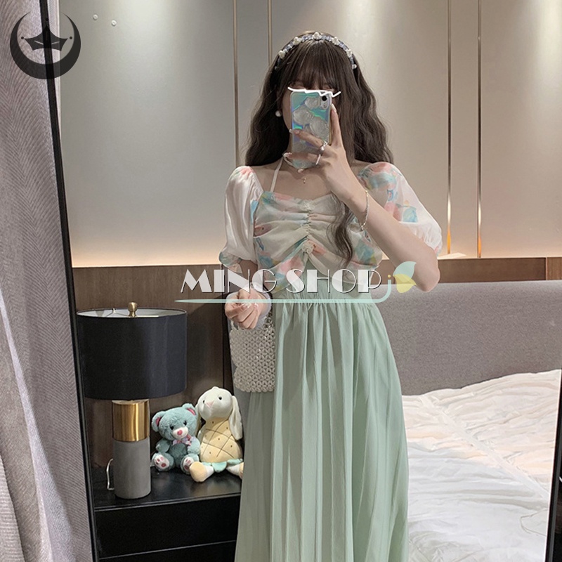 Đầm Trễ Vai Phối Lưới Họa Tiết Hoa Thanh Lịch Nữ Tính