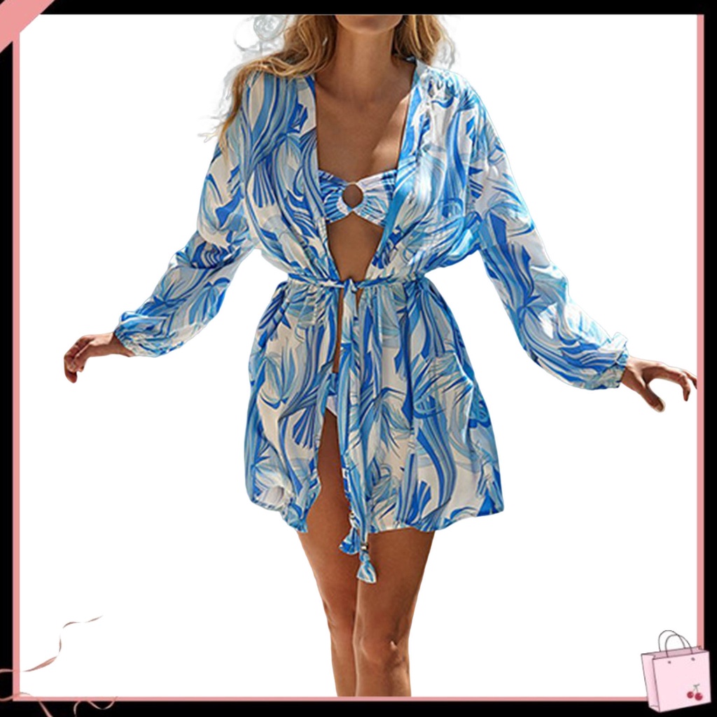 {Soltweter} Áo Khoác Ngoài Bikini Chống Nắng Tay Dài In Họa Tiết Sọc Xanh Dương Không Đều Kèm Thắt Lưng