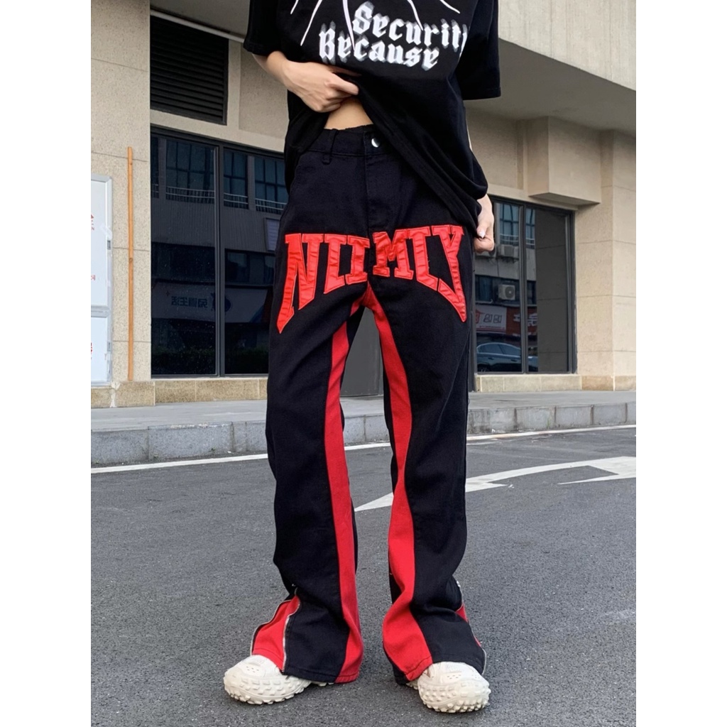 Quần Jean Dài Dáng Suông Rộng Có Khóa Kéo Phong Cách Hiphop Đường Phố Mỹ Cho Nam Và Nữ