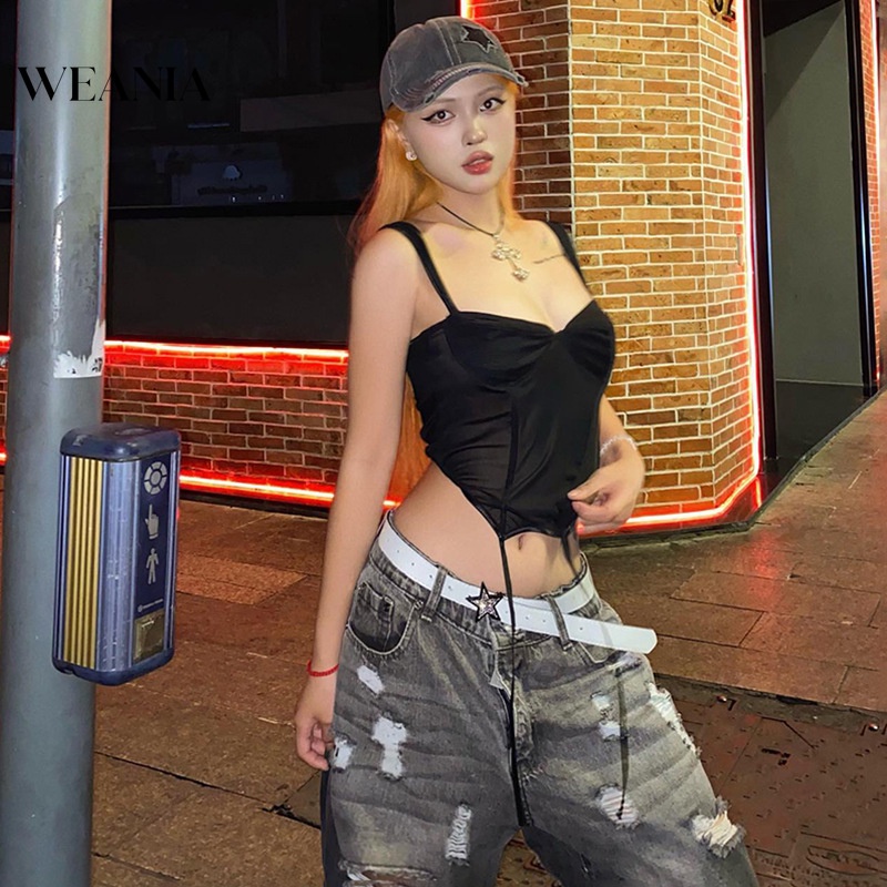 Weania Áo Crop Top Lưới Cắt Thấp Màu Trơn Cho Nữ