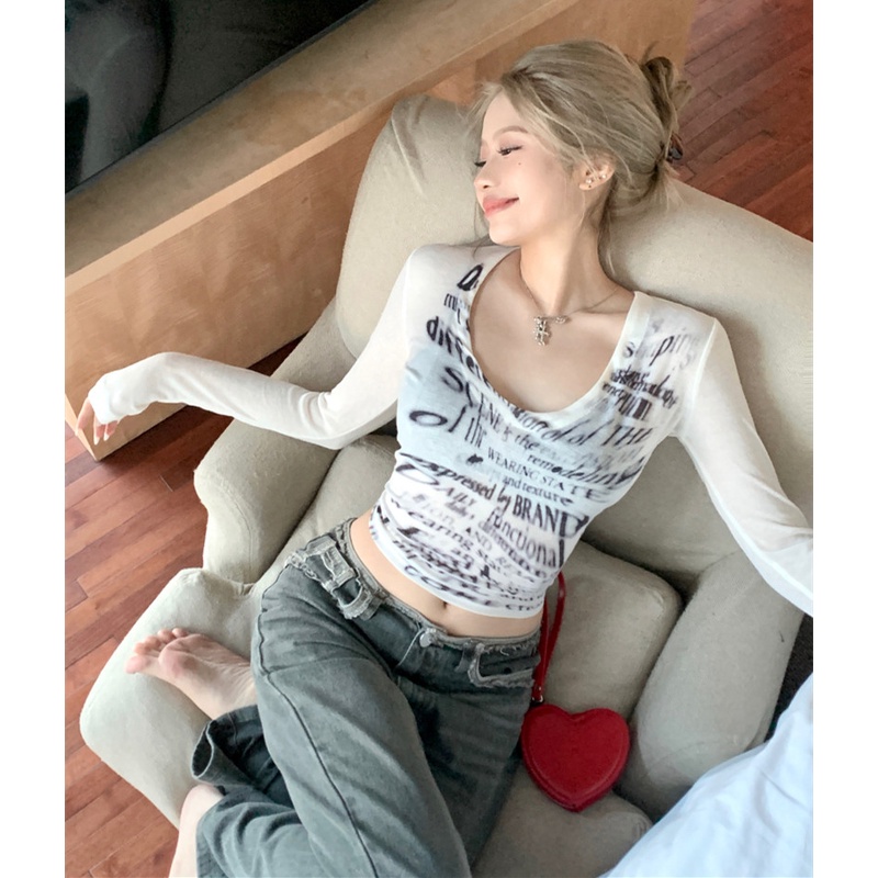 Áo Thun Tay Dài Cổ Chữ U Hở Rốn In Họa Tiết Gợi Cảm