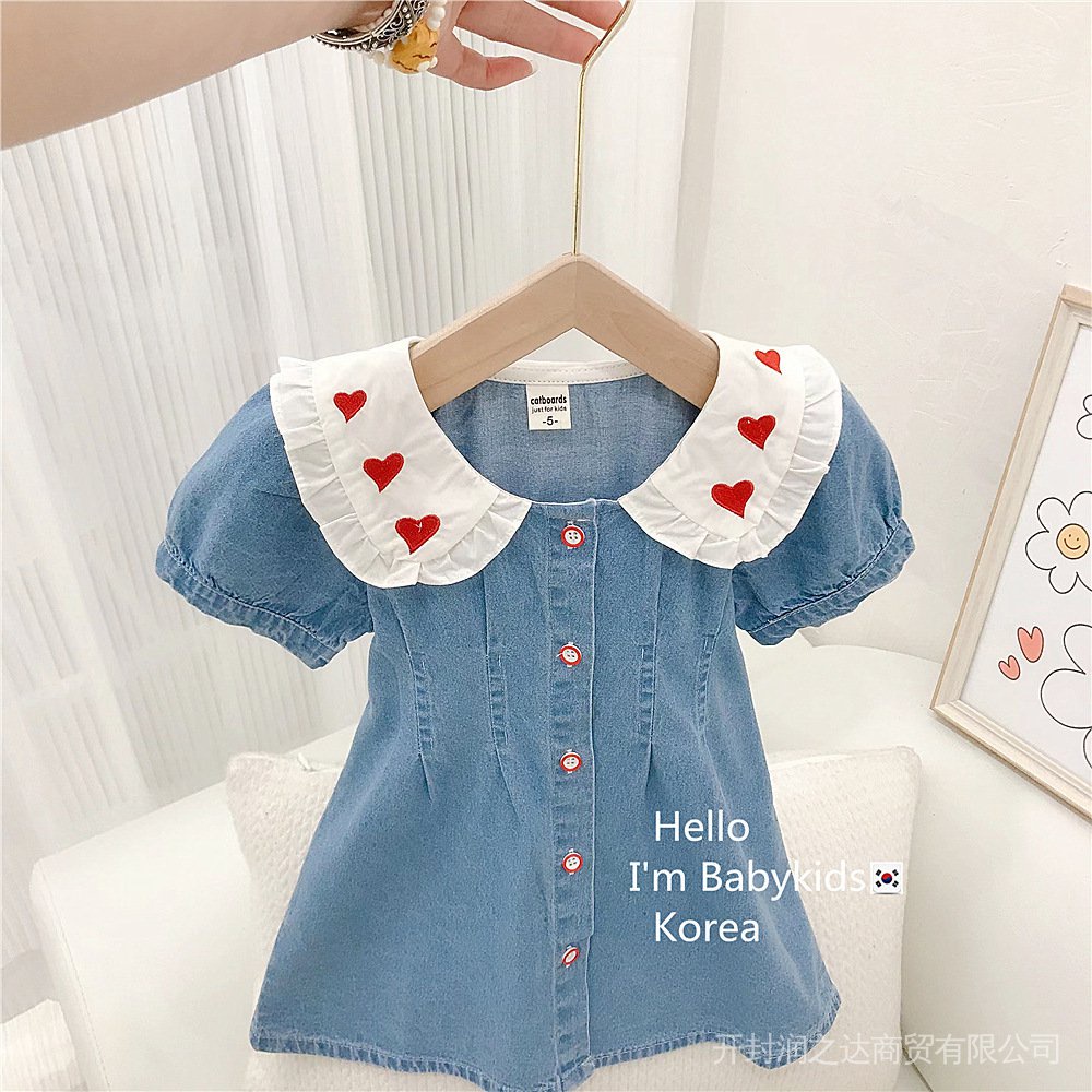 Đầm Công Chúa Cổ Búp Bê Chất Liệu Cotton Denim Thêu Họa Tiết Phong Cách Phương Tây Thời Trang Mùa Hè Mới Cho Bé Gái 2022